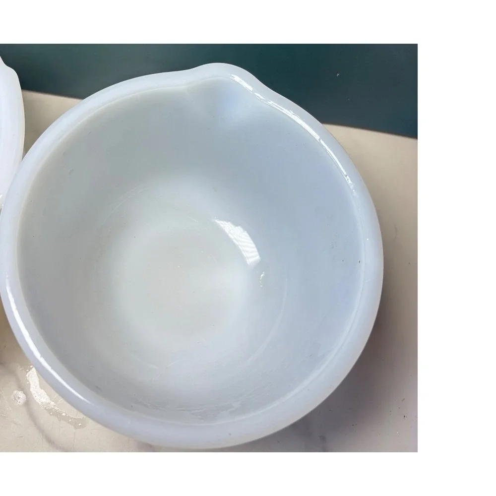 Glasbake for Sunbeam Milk Glass Mixing Bowl Set White Spout Tab Handle USA Made